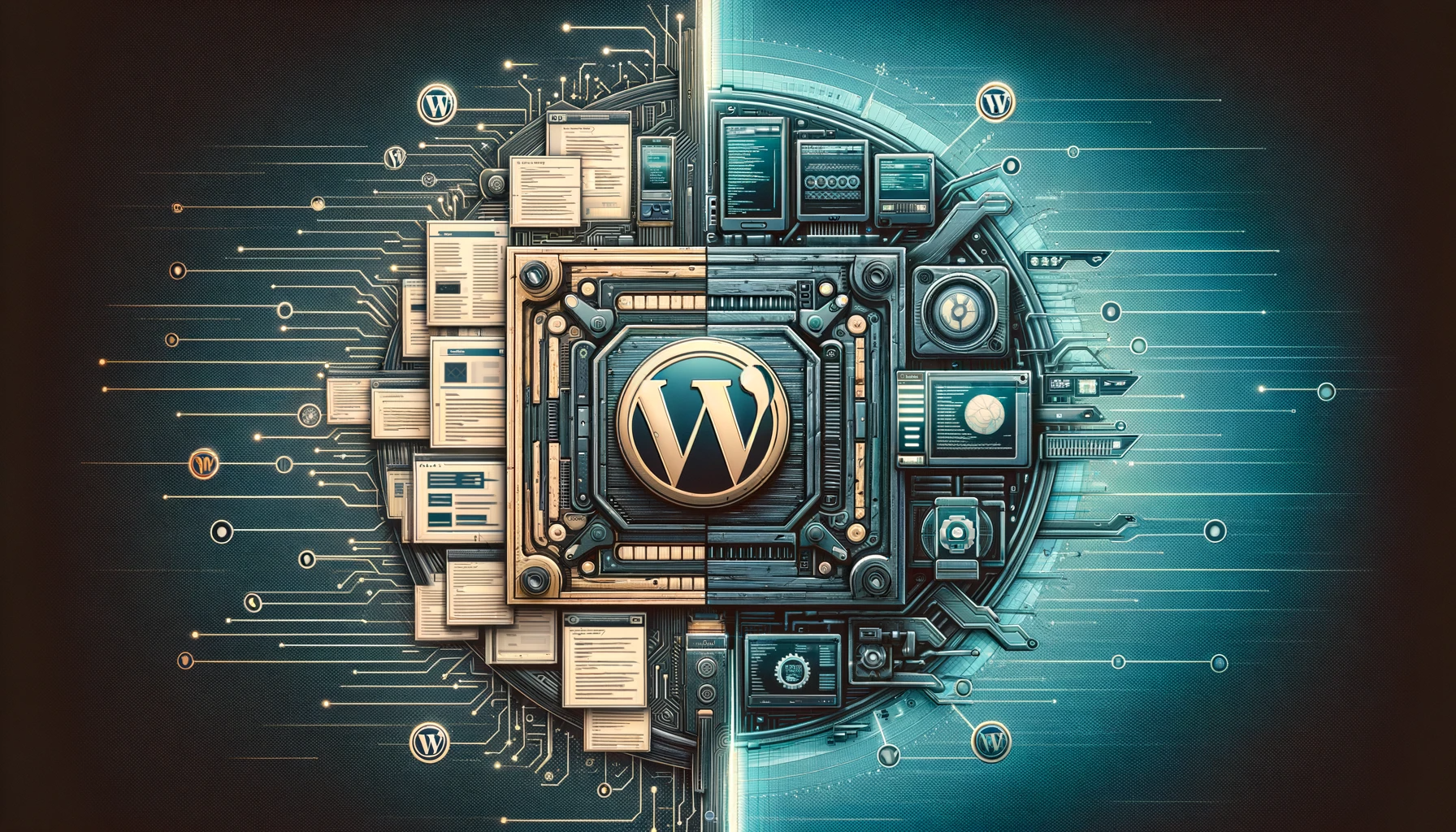 Digital illustration showing the evolution of WordPress: on the left, a vintage-style blogging interface symbolizing WordPress's early days as a blogging platform; on the right, a modern web development interface with advanced coding elements, representing its current status as a web development powerhouse. The WordPress logo is centrally featured, seamlessly connecting the two eras.