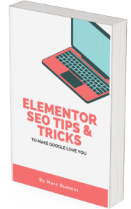 SEO guidebook cover with laptop illustration.